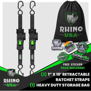 Rhino USA 2PK Retractable Ratchet Tie Down Straps – 1,209Lb Break Strength, 1" X 10' with Padded Handles for Secure Cargo Transport