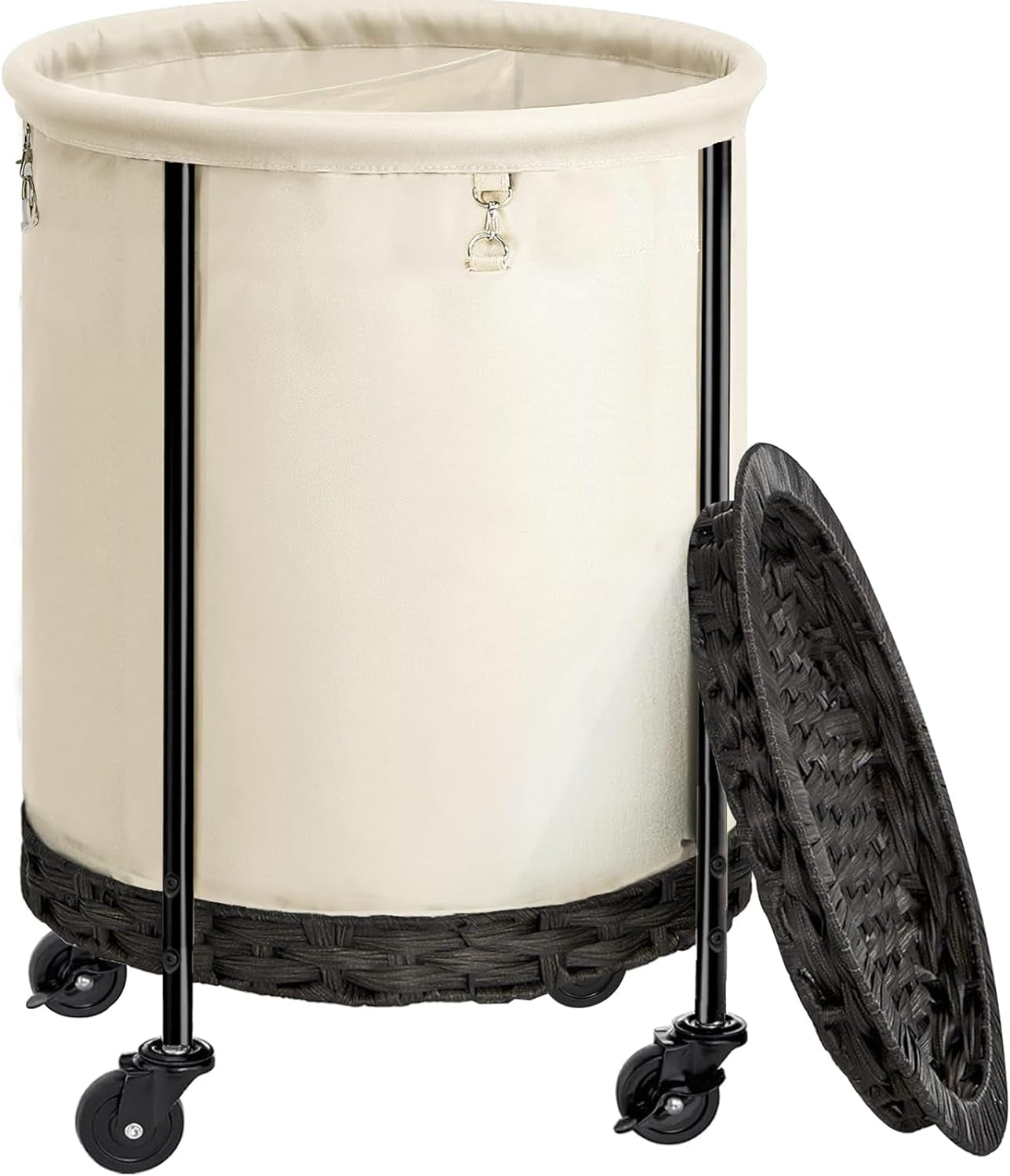 Laundry Hamper with Lid, 52.3 Gal Oversized Laundry Basket with Wheels, Rolling round Laundry Cart with Steel Frame and Removable Bag, 4 Casters and 2 Brakes, White