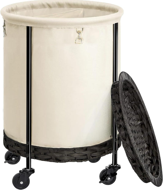 Laundry Hamper with Lid, 52.3 Gal Oversized Laundry Basket with Wheels, Rolling round Laundry Cart with Steel Frame and Removable Bag, 4 Casters and 2 Brakes, White