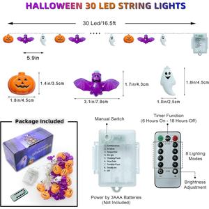 Halloween Lights, 16.4FT 30 LED Pumpkin Bat Ghost Battery Operated Orange and Purple String Lights Strobe 8 Lighting Modes Timer Fairy Indoor Outdoor Window Front Porch Decor Party Decorations YANP-US