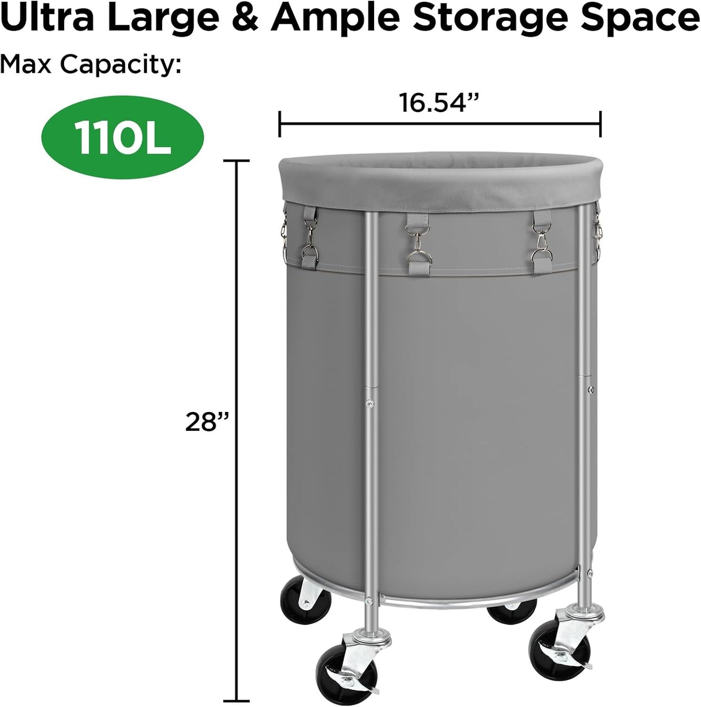 Laundry Hamper with Wheels, Rolling Laundry Basket, round Laundry Sorter Cart with Steel Frame and Removable Bag, 4 Casters and 2 Brakes, Ideal for Bedroom, Bathroom, Laundry Room, Grey