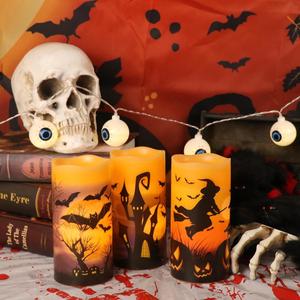 Dromance Halloween LED Flameless Pillar Candles Battery Operated with 6 Hour Timer Set of 3 Orange Wax Warm Light Flickering Witch Bats Castle Spooky Decals Halloween Decor Gifts(3 X 6 Inch) DRomance