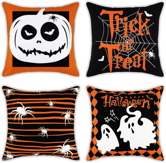 "Spooktacular  Halloween Throw Pillow Covers - Set of 4 Pumpkin Designs, 18x18 Inch Trick or Treat Decor!"