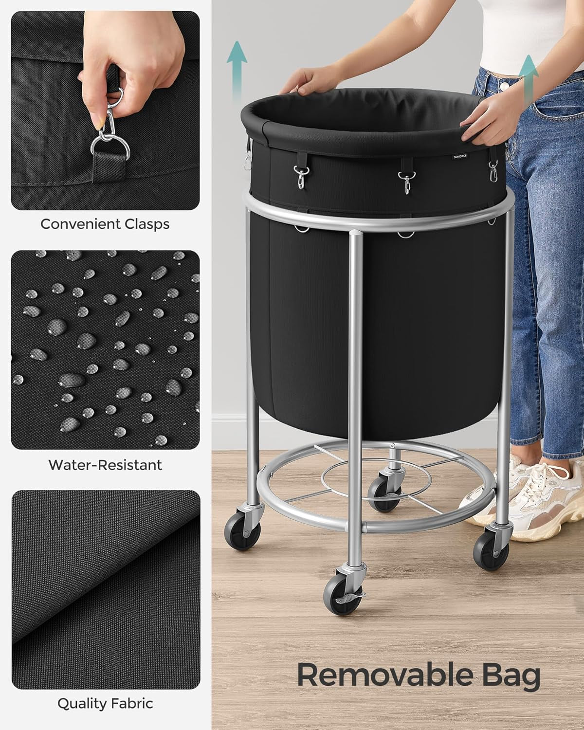 Laundry Basket with Wheels, Rolling Laundry Hamper, 29 Gal., round Laundry Cart with Steel Frame and Removable Bag, 4 Casters and 2 Brakes, Black and Silver URLS002B01