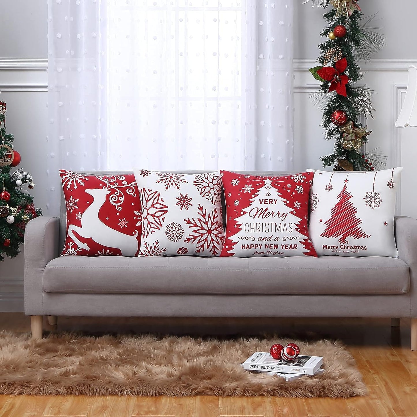 Christmas Pillow Covers 18X18 Inch Set of 4 Decorative Farmhouse Throw Pillow Covers Holiday Rustic Pillow Cases for Sofa Couch Home Decor Christmas Decorations Xmas Cushion Covers