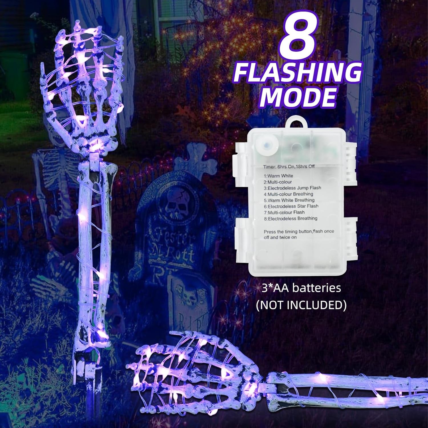 Halloween Decorations Outdoor Skeleton Arm 4 Pack -  Light up Skeleton Hands with 80 Leds, 8 Lighting Modes, and Timer, for Front Yard Porch Gardens Lawns Halloween Party