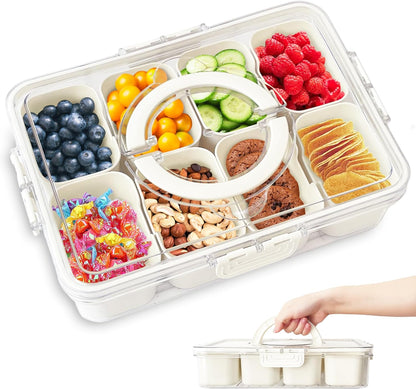 1 Pack Divided Serving Tray with Lid and Handle,8 Compartments Snack Box,Portable Snackle Platters Container for Candy,Fruits,Nuts,Veggie,Salad,Cookies,Party Supplies,Wedding,Travel,Clear Organizer