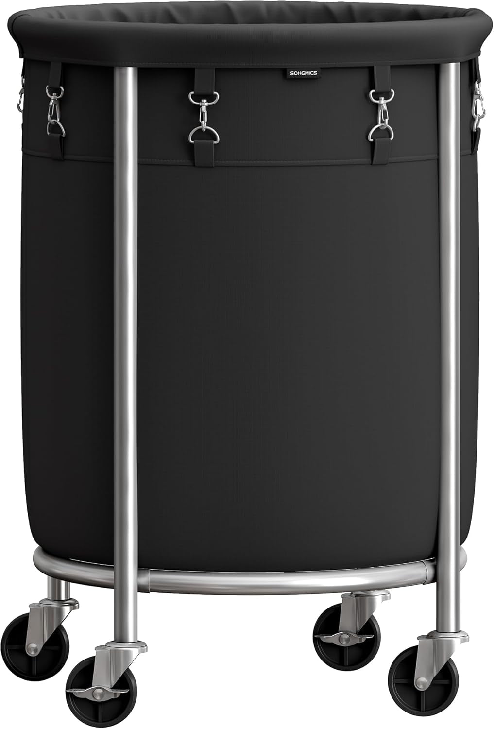 Laundry Basket with Wheels, Rolling Laundry Hamper, 29 Gal., round Laundry Cart with Steel Frame and Removable Bag, 4 Casters and 2 Brakes, Black and Silver URLS002B01