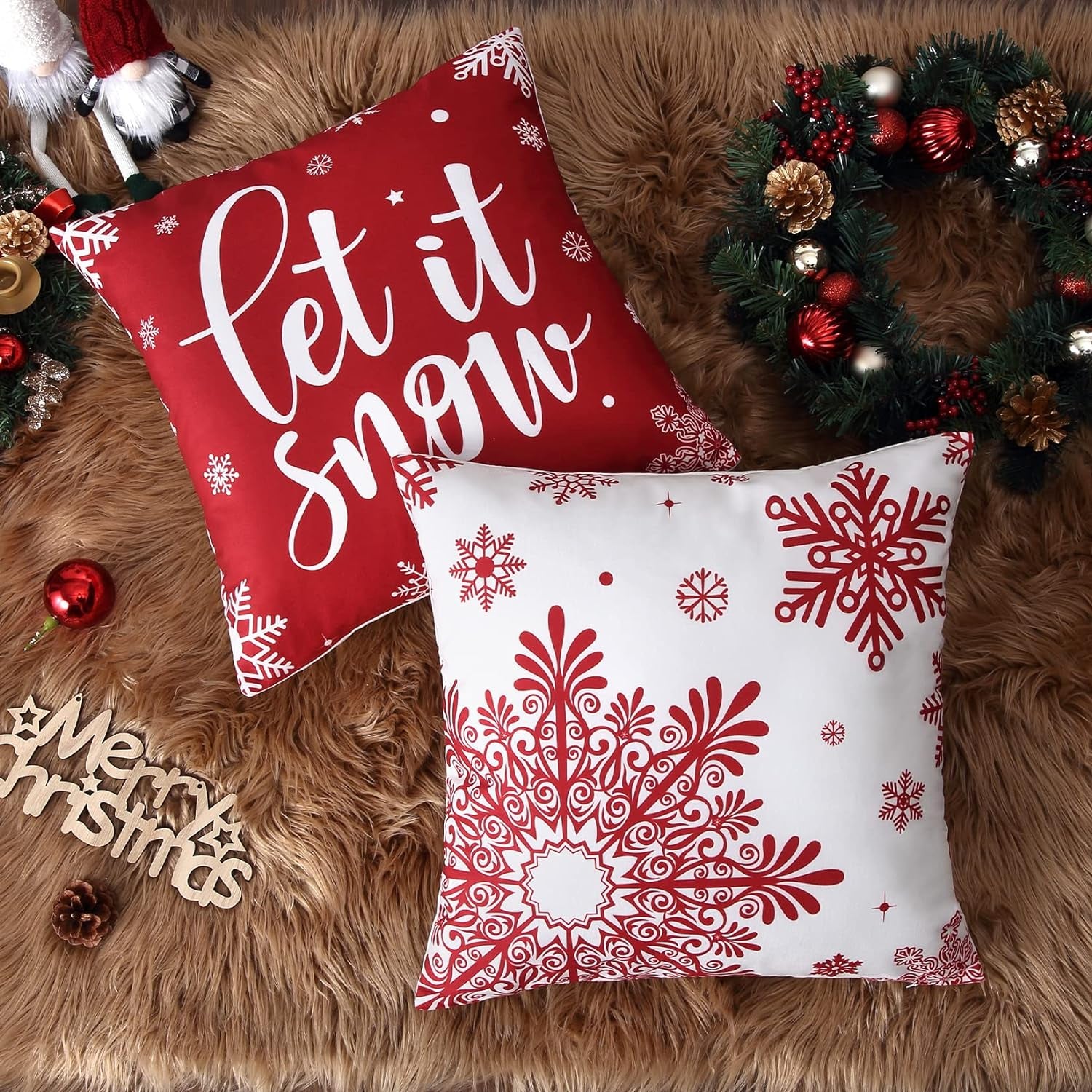 Christmas Decorations Velvet Pillow Covers 18X18 Inch Set of 4 Farmhouse Outdoor Decorative Pillows Winter Holiday Decor Snowflake Xmas Tree Deer Throw Cushion Covers for Sofa Couch, Red