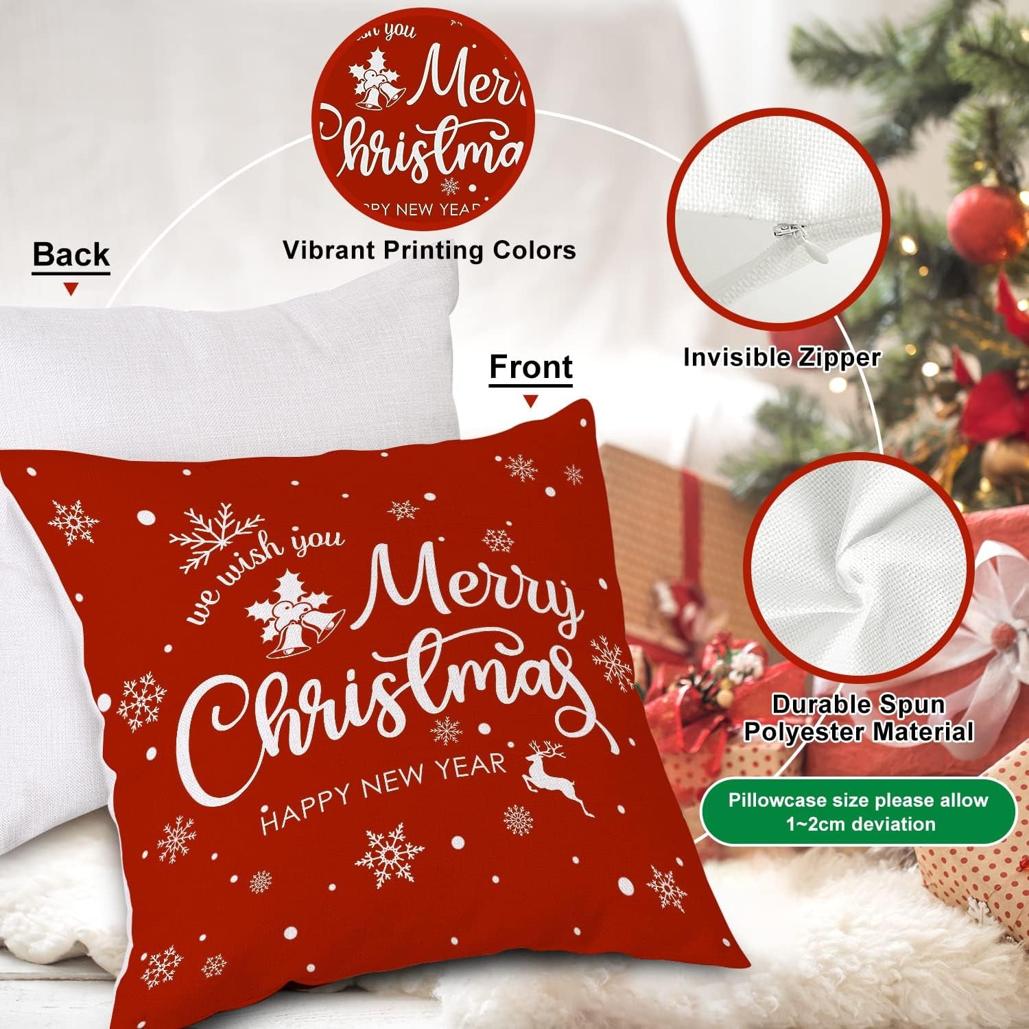 Christmas Throw Pillow Covers 18X18 Set of 4, Merry Christmas Winter Xmas Snowflake Decorative Holiday Cushion Pillow Cases 18 X 18 for Outdoor Indoor Farmhouse Home Room Couch Decor (Red)