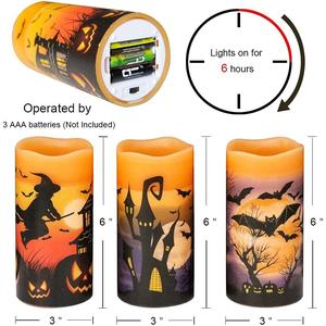 Dromance Halloween LED Flameless Pillar Candles Battery Operated with 6 Hour Timer Set of 3 Orange Wax Warm Light Flickering Witch Bats Castle Spooky Decals Halloween Decor Gifts(3 X 6 Inch) DRomance