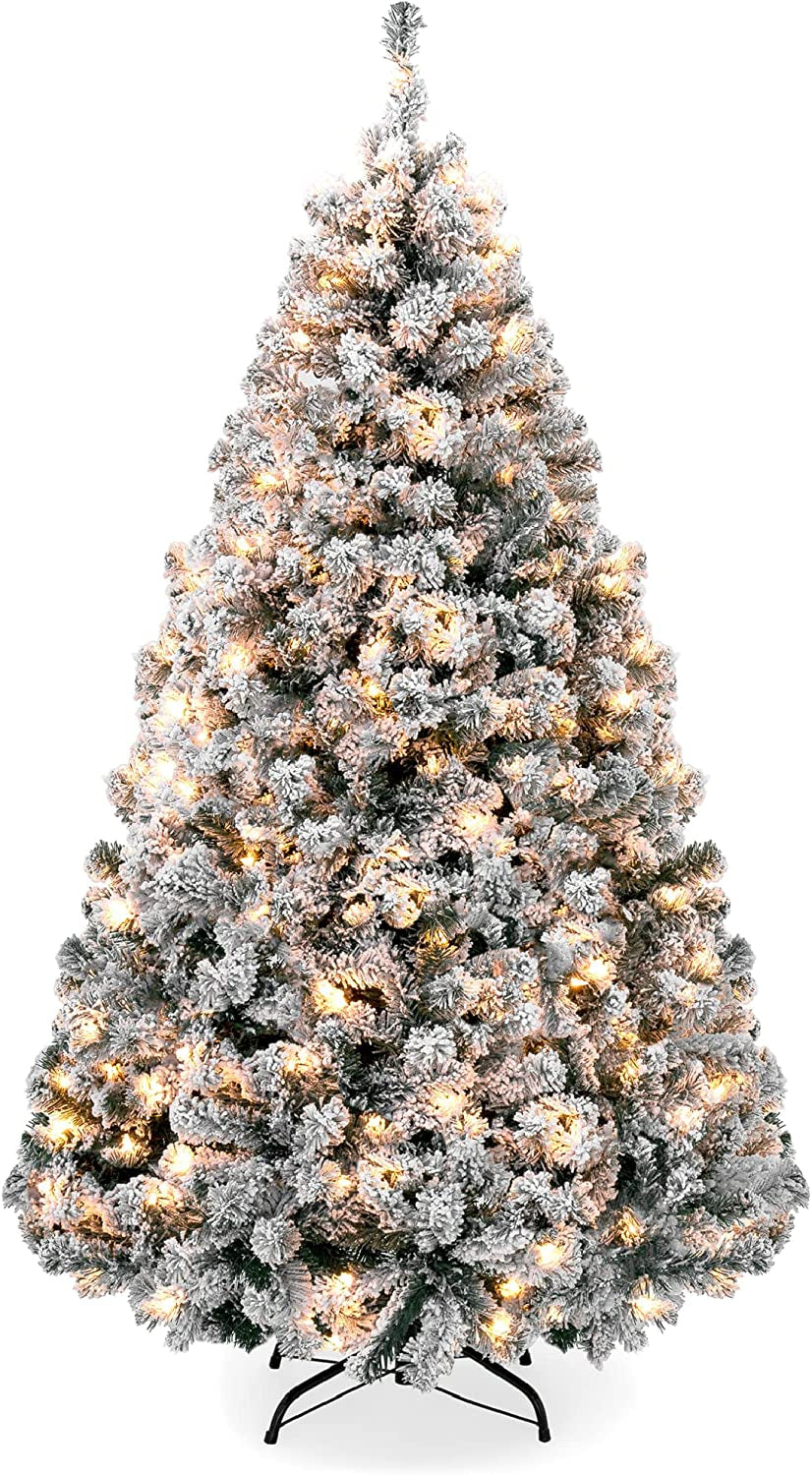 Pre-Lit Artificial Christmas Tree, 6Ft Snow Flocked Design Pine Tree, Full Appearance Snowy W/Easy Assembly, Metal Stand