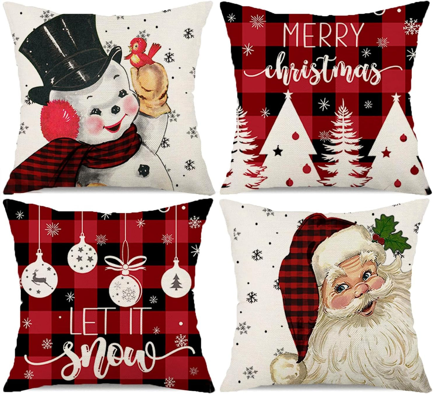 Red Christmas Pillow Covers 18X18 Set of 4 Santa Snowman Snowflake Farmhouse Buffalo Christmas Decorations Let It Snow Holiday Pillows Decorative Throw Cushion Case for Sofa