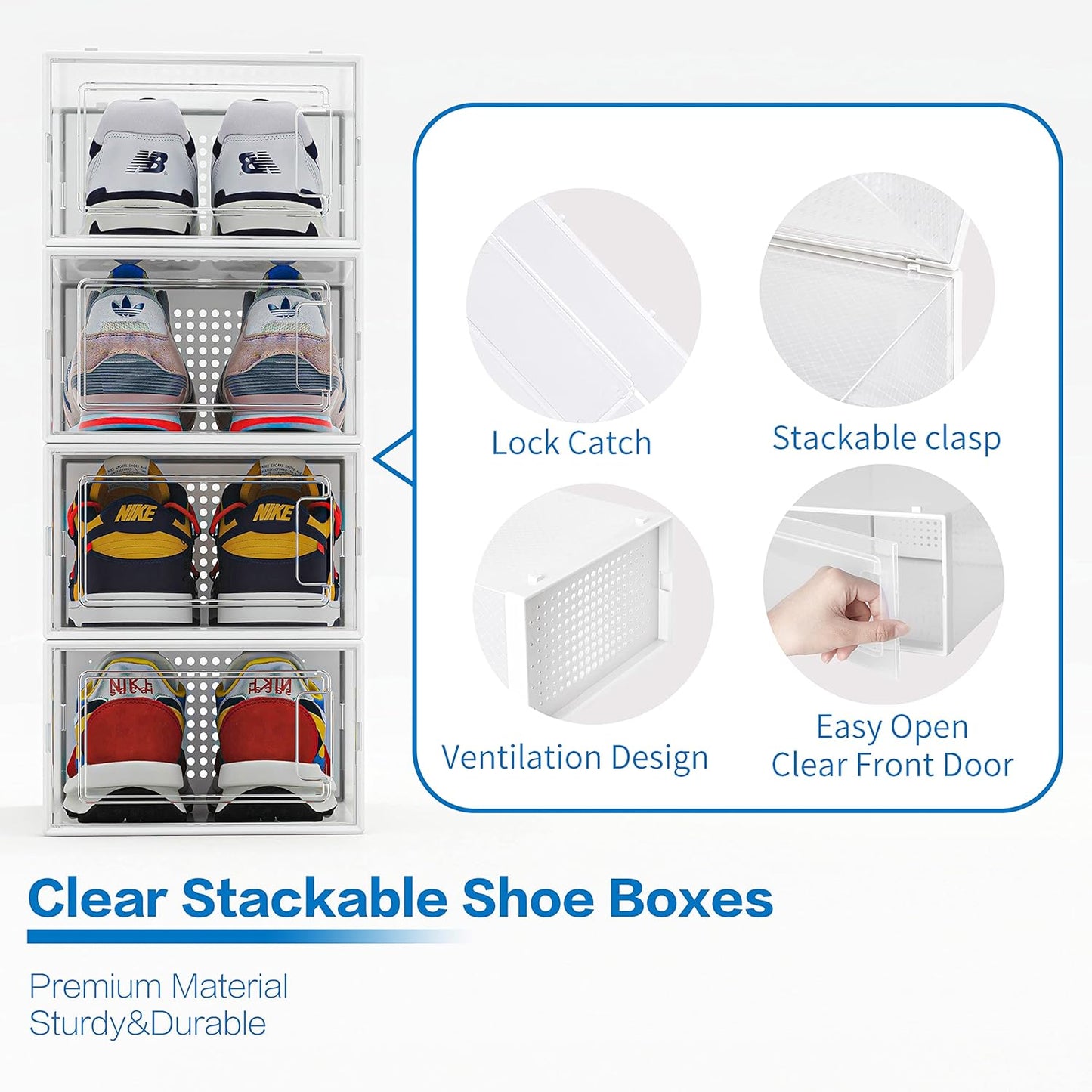 12 Pack Shoe Organizer Storage Bins Clear Plastic Stackable Shoe Boxes for Closet, Space Saving Foldable Shoe Storage Case, Sneaker Storage Shoe Box Container