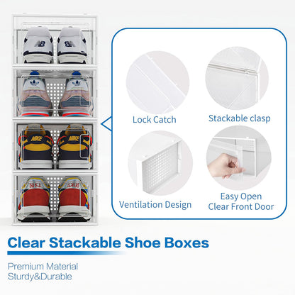 12 Pack Shoe Organizer Storage Bins Clear Plastic Stackable Shoe Boxes for Closet, Space Saving Foldable Shoe Storage Case, Sneaker Storage Shoe Box Container