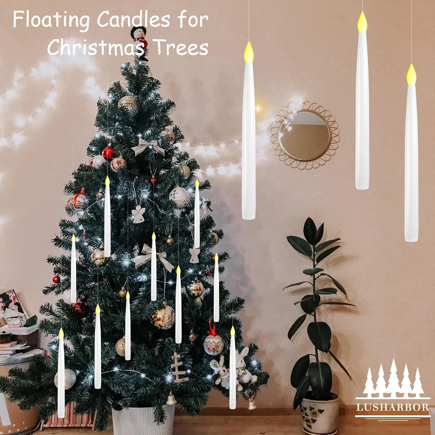 Floating Candles with Wand, 10 Pack Halloween Flameless Candles Battery Operated LED Taper Hanging Candles Electric Candle for Christmas Halloween Birthday Party Decor