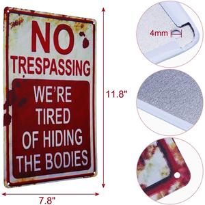 Get Spooky with Our Funny Retro Halloween Metal Sign! "No Trespassing: We're Tired of Hiding the Bodies" - Perfect Chic Decor for Your Haunted Home! 🎃👻 #HalloweenDecor #SpookySeason CVNDKN