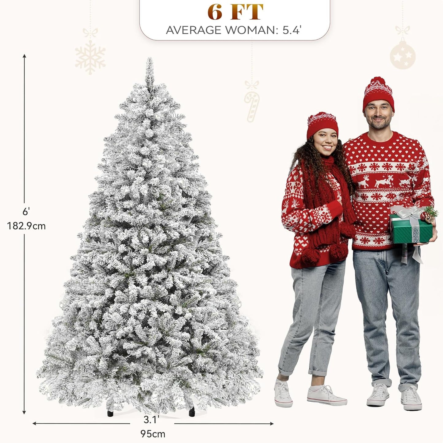 Prelit Snow Flocked Artificial Full Christmas Tree, 6Ft Christmas Pine Tree with 8 Light-Modes, 800 Branch Tips, and Foldable Base for Home, Party Decoration