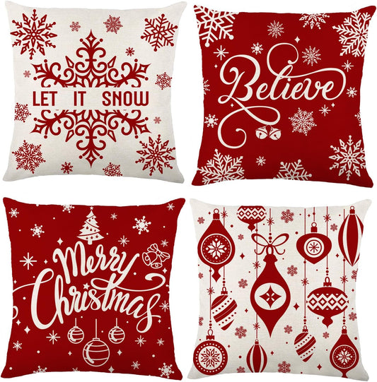 4 Pack Christmas Pillow Covers Decoration,18X18In Buffalo Plaid Farmhouse Red Christmas Winter Throw Pillows Cushion Case Couch Decor for Christmas Home Outdoor Decorations