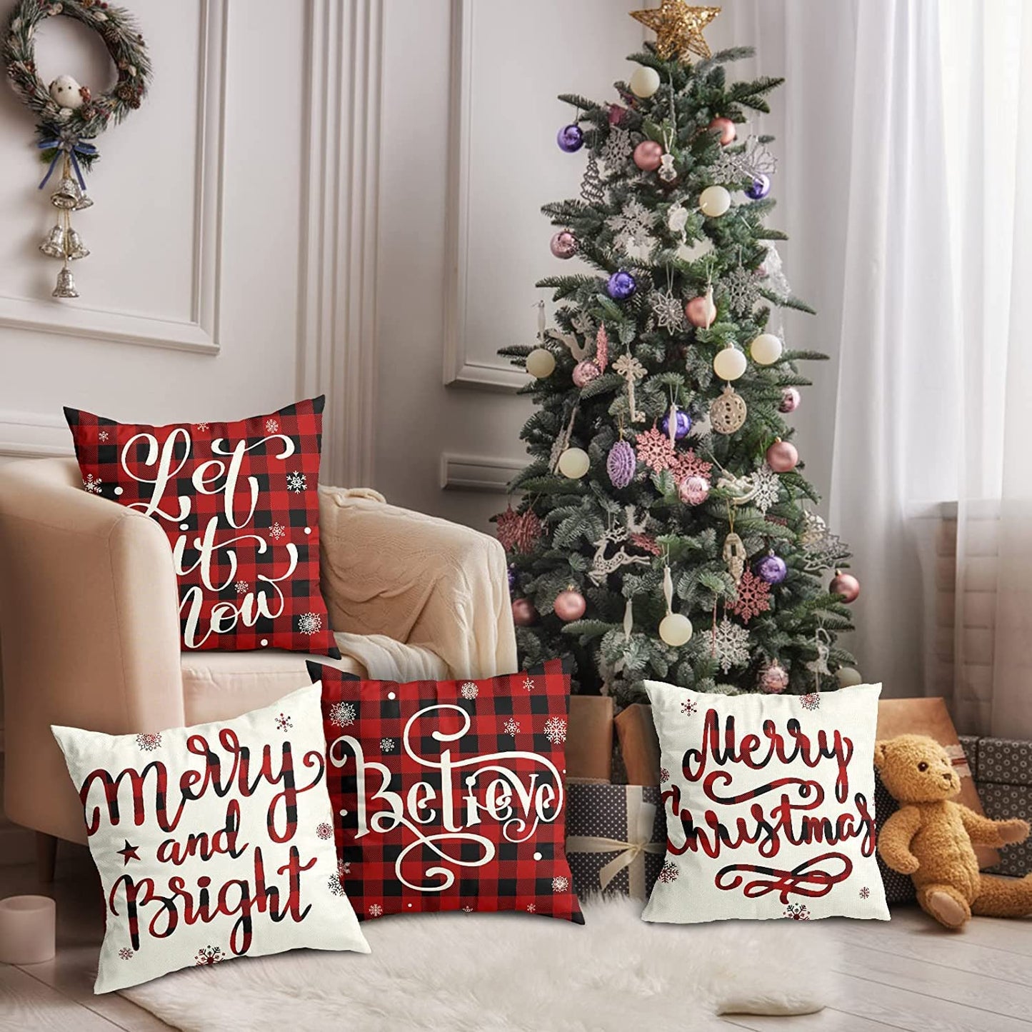 Christmas Decorations Christmas Pillow Covers 18X18 Inches Set of 4 Farmhouse Buffalo Plaid Black and Red Throw Pillow Case Winter Holiday Christmas Decor Home Sofa Couch Cushion Indoor Decorations