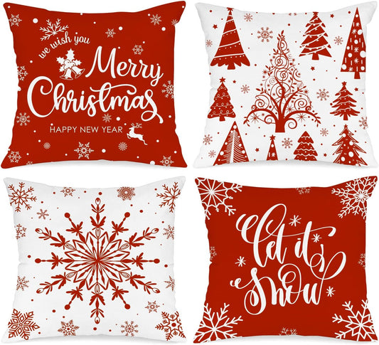 Christmas Throw Pillow Covers 18X18 Set of 4, Merry Christmas Winter Xmas Snowflake Decorative Holiday Cushion Pillow Cases 18 X 18 for Outdoor Indoor Farmhouse Home Room Couch Decor (Red)