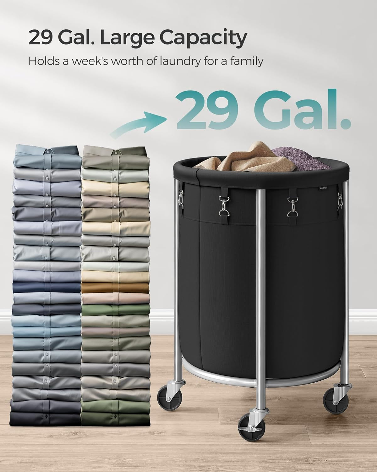 Laundry Basket with Wheels, Rolling Laundry Hamper, 29 Gal., round Laundry Cart with Steel Frame and Removable Bag, 4 Casters and 2 Brakes, Black and Silver URLS002B01