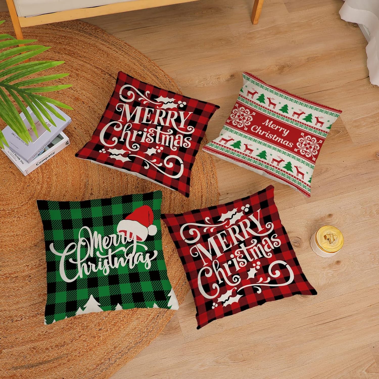 Christmas Pillow Covers 18X18 Set of 4 Red Green Xmas Decorative Throw Pillows Christmas Tree Deer Santa Pillow Cases Home Outdoor Sofa Couch Cushion Covers for Christmas Decorations (18 by 18)