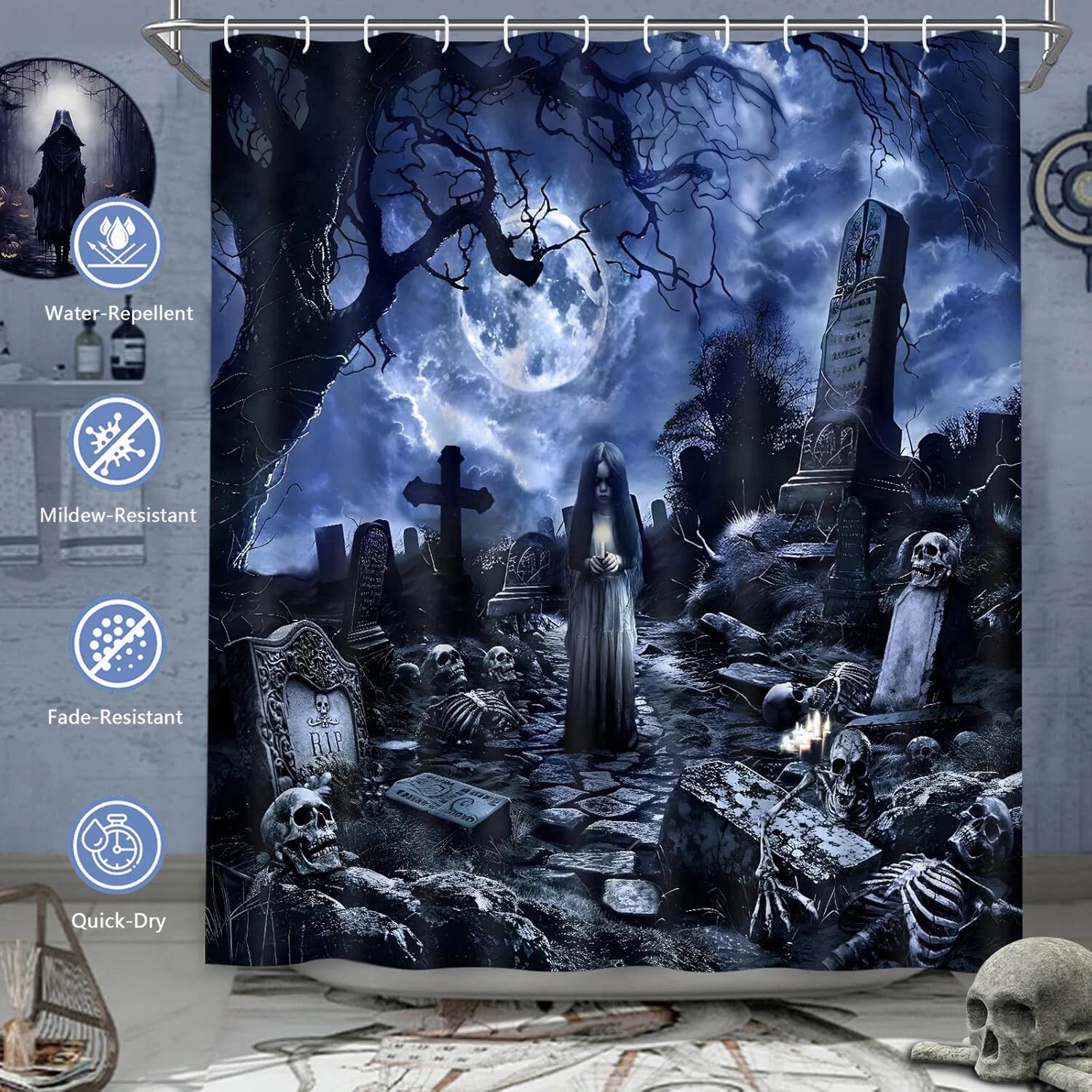 " 16-Piece Halloween Shower Curtain Set - Spooky Ghosts & Witches Bathroom Decor with Waterproof Fabric, 12 Hooks & Plush Toilet Rugs!"