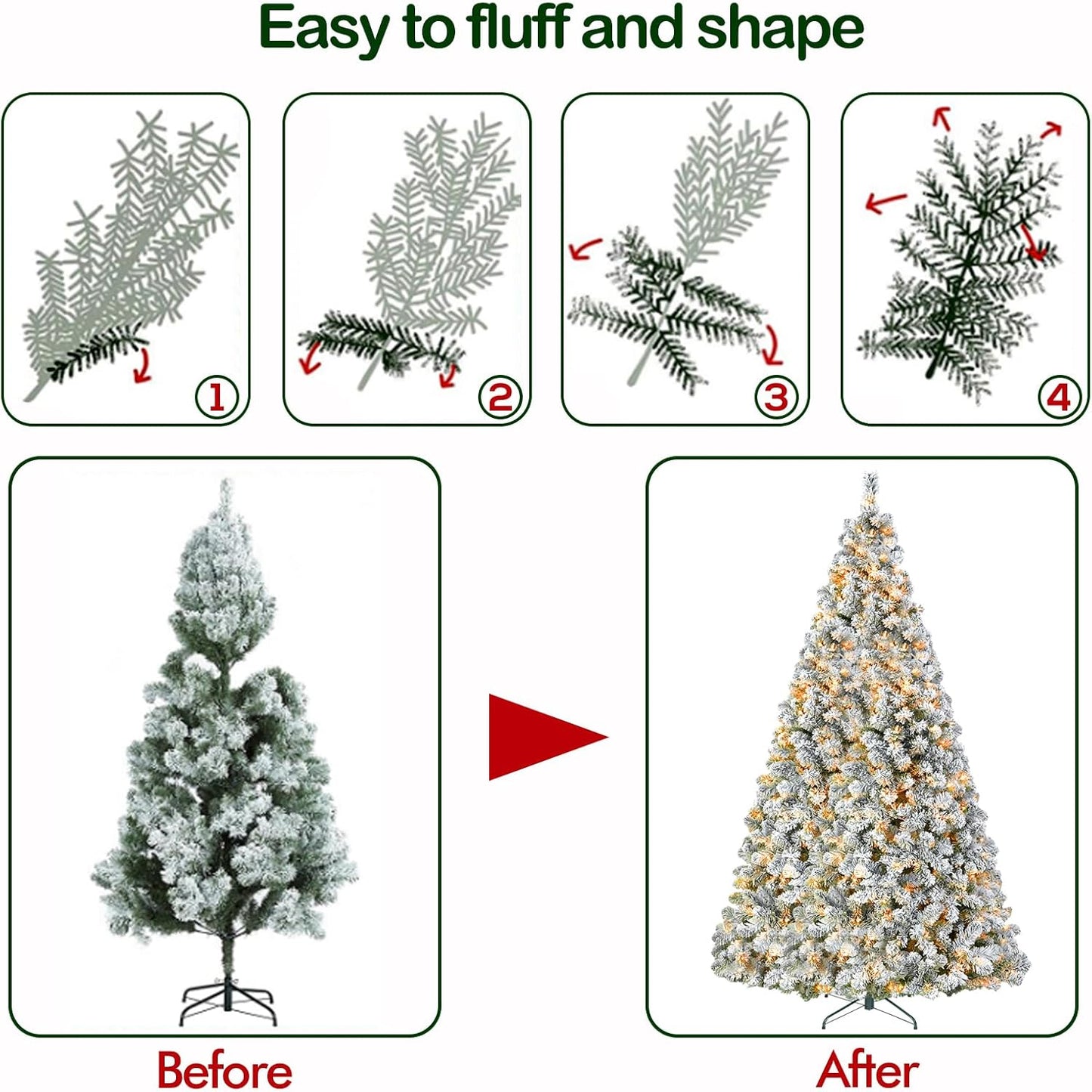 6 Ft Prelit Snow Flocked Christmas Tree, Artificial Christmas Tree with 250 Warm White LED Lights, 551 PVC Branch Tips, Easy Assembly with Metal Stand and Hinged Branches