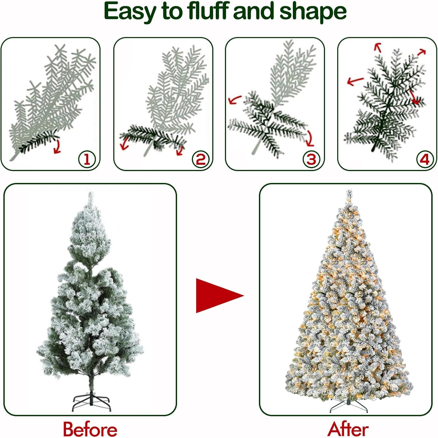 6 Ft Prelit Snow Flocked Christmas Tree, Artificial Christmas Tree with 250 Warm White LED Lights, 551 PVC Branch Tips, Easy Assembly with Metal Stand and Hinged Branches