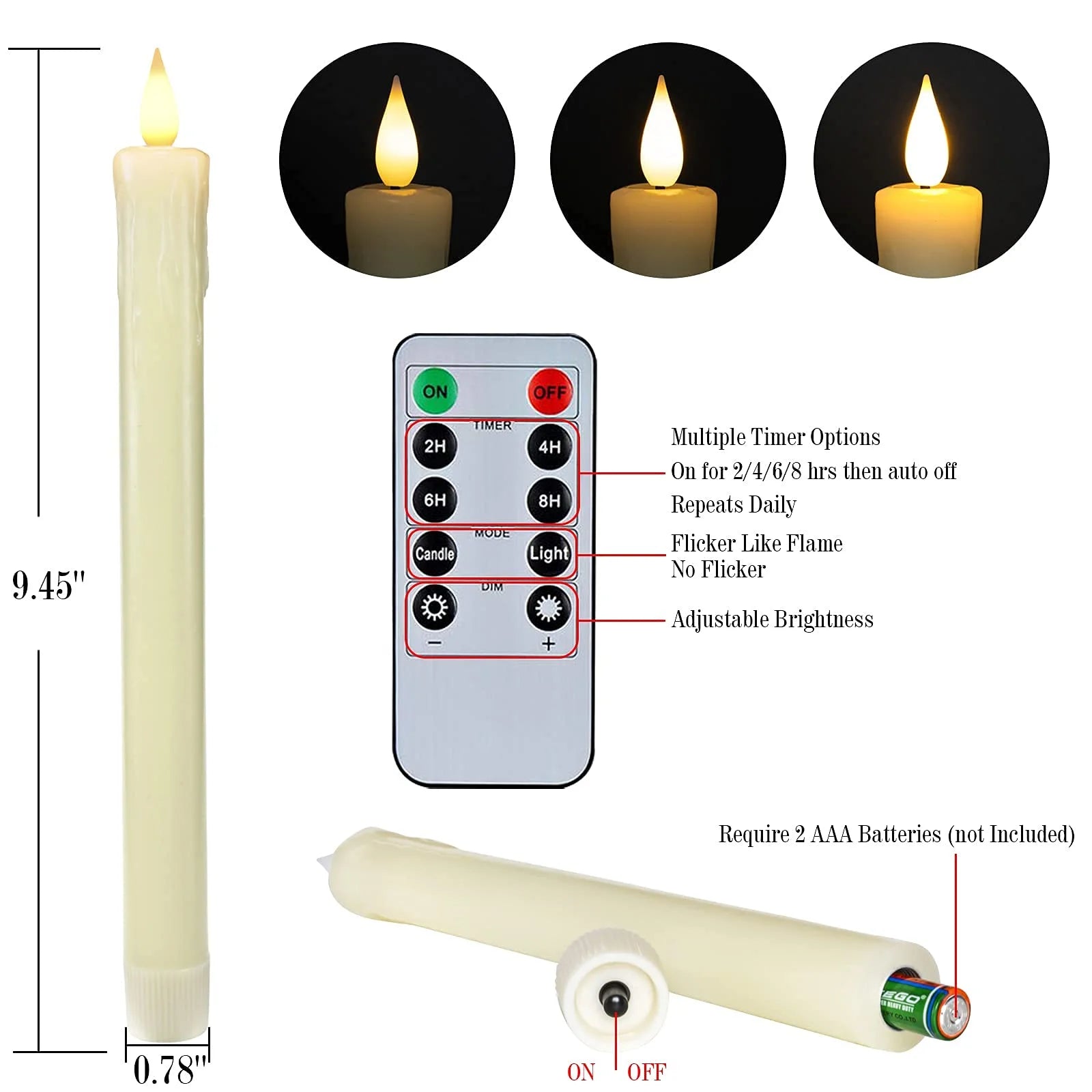 " 9.6" Ivory Real Wax LED Flameless Taper Candles - Dripless, Battery Operated with 3D Flickering Flame & Timer - Perfect for Christmas, Halloween & Cozy Fireplace Ambiance!"