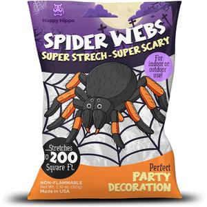 Transform your Halloween with our Happy Hippo Spider Web Decoration Set! Cover 200 Sq Ft with realistic plastic spiders and creepy webs for an unforgettable spooktacular party or haunted house vibe! Perfect for all your frightful festivities! Happy Hippo