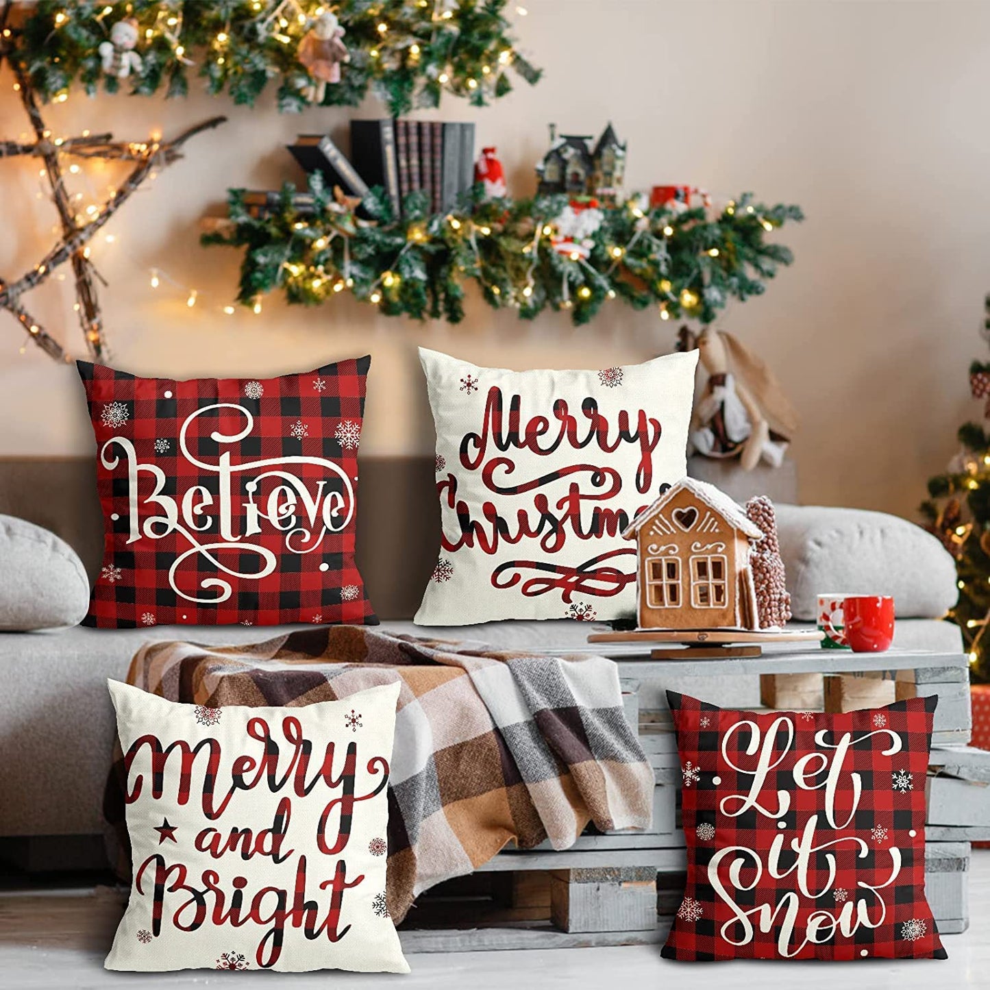 Christmas Decorations Christmas Pillow Covers 18X18 Inches Set of 4 Farmhouse Buffalo Plaid Black and Red Throw Pillow Case Winter Holiday Christmas Decor Home Sofa Couch Cushion Indoor Decorations