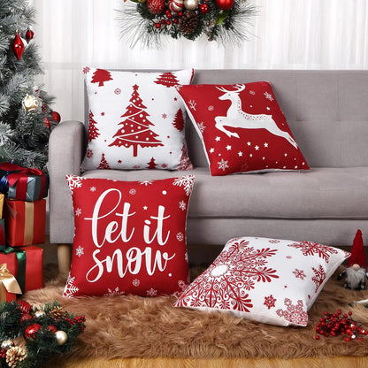 Christmas Decorations Velvet Pillow Covers 18X18 Inch Set of 4 Farmhouse Outdoor Decorative Pillows Winter Holiday Decor Snowflake Xmas Tree Deer Throw Cushion Covers for Sofa Couch, Red