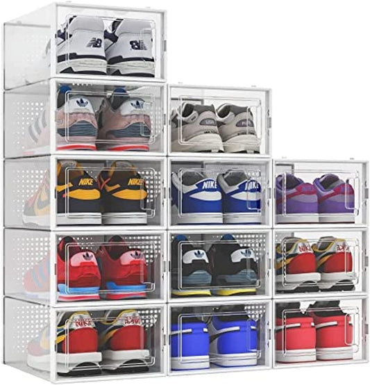 12 Pack Shoe Organizer Storage Bins Clear Plastic Stackable Shoe Boxes for Closet, Space Saving Foldable Shoe Storage Case, Sneaker Storage Shoe Box Container