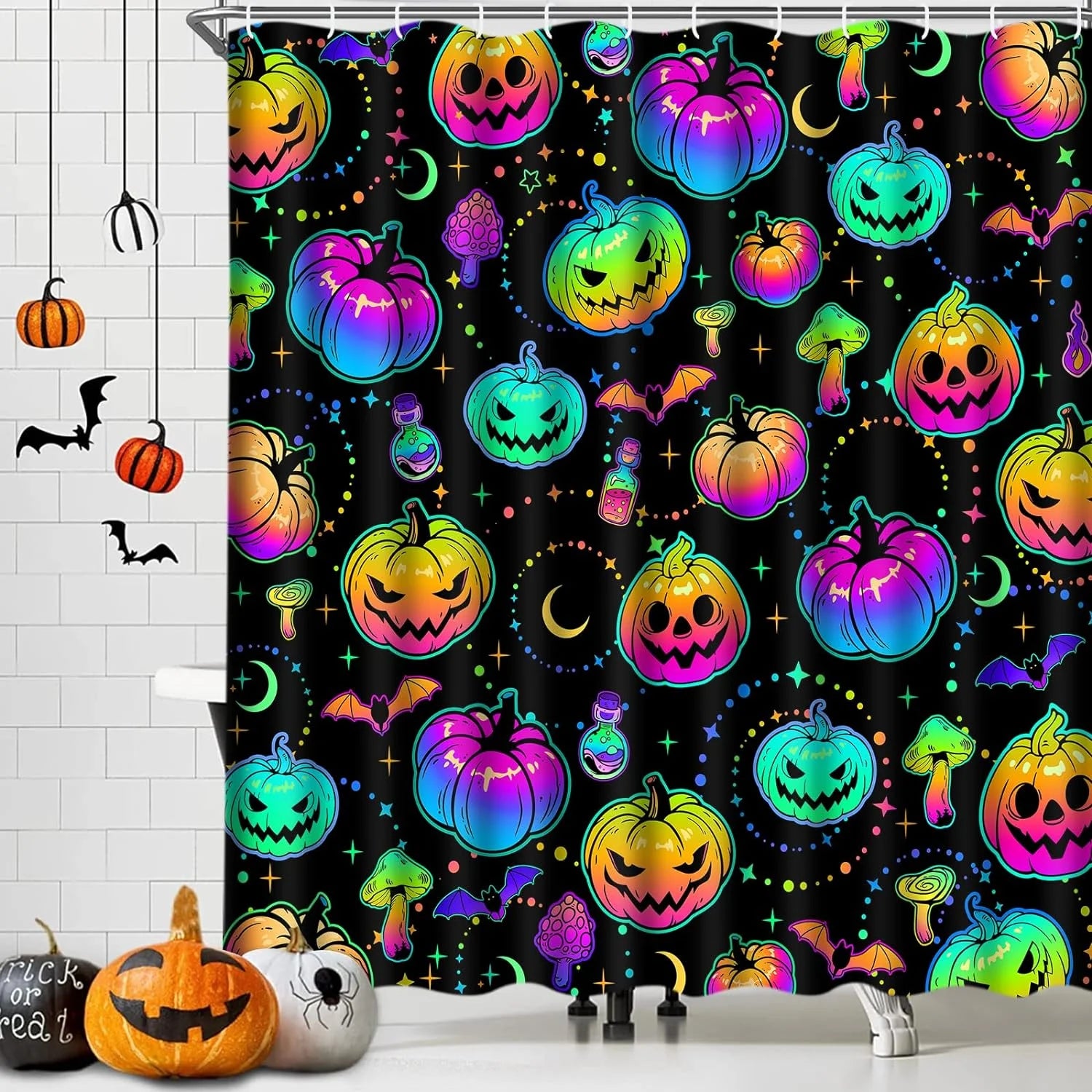 "Spooktacular  Blacklight Halloween Shower Curtain with Hooks - Waterproof Pumpkin Design for Festive Bathroom Decor, 69"X70""