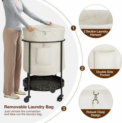 Laundry Hamper with Lid, 52.3 Gal Oversized Laundry Basket with Wheels, Rolling round Laundry Cart with Steel Frame and Removable Bag, 4 Casters and 2 Brakes, White