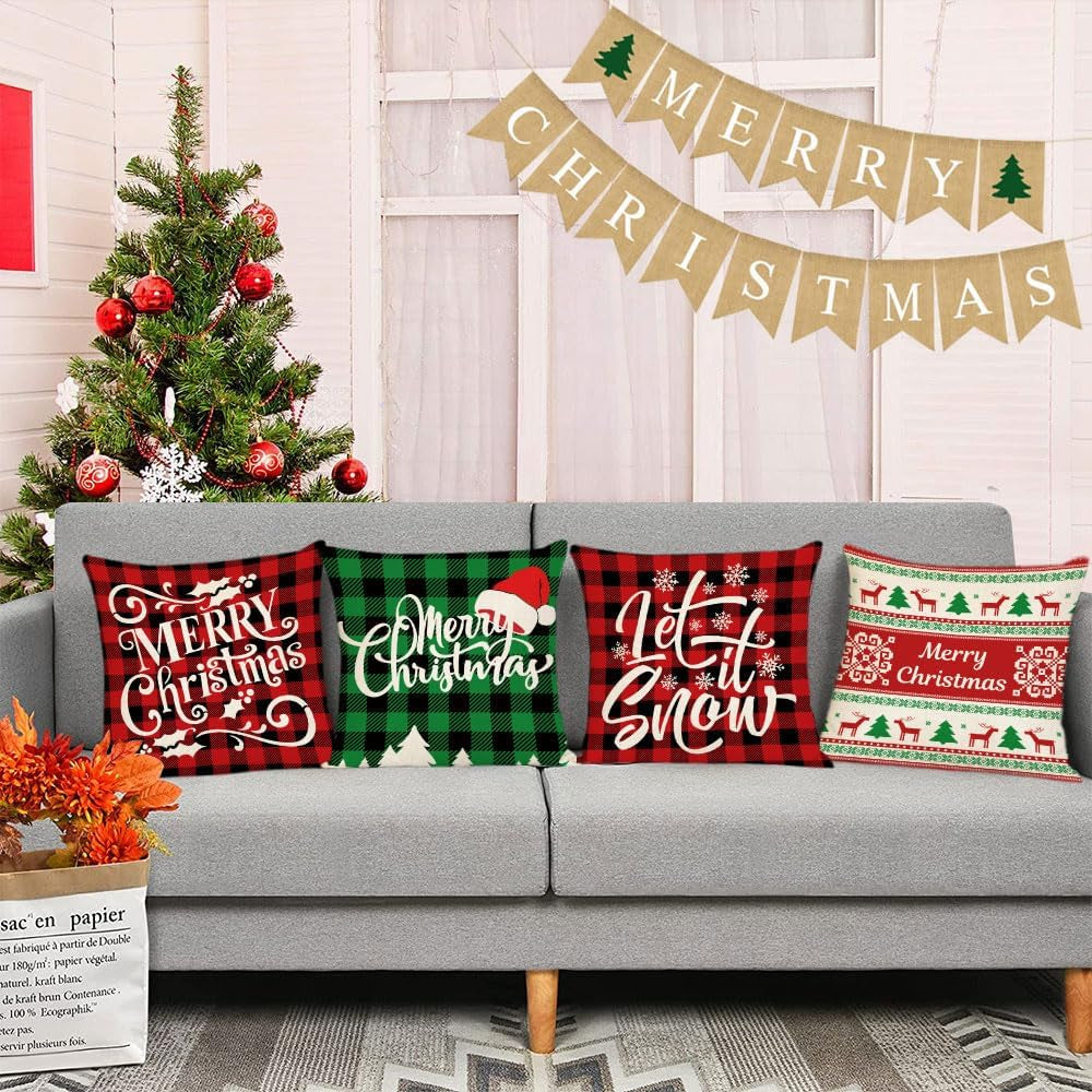 Christmas Pillow Covers 18X18 Set of 4 Red Green Xmas Decorative Throw Pillows Christmas Tree Deer Santa Pillow Cases Home Outdoor Sofa Couch Cushion Covers for Christmas Decorations (18 by 18)