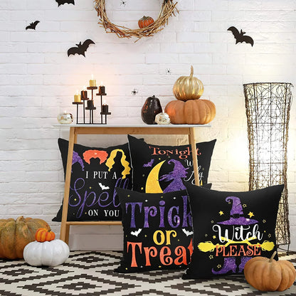 "Spooktacular  Halloween Pillow Covers - Set of 4, 18x18 Inch Trick or Treat Decorative Throw Pillows in Black!"