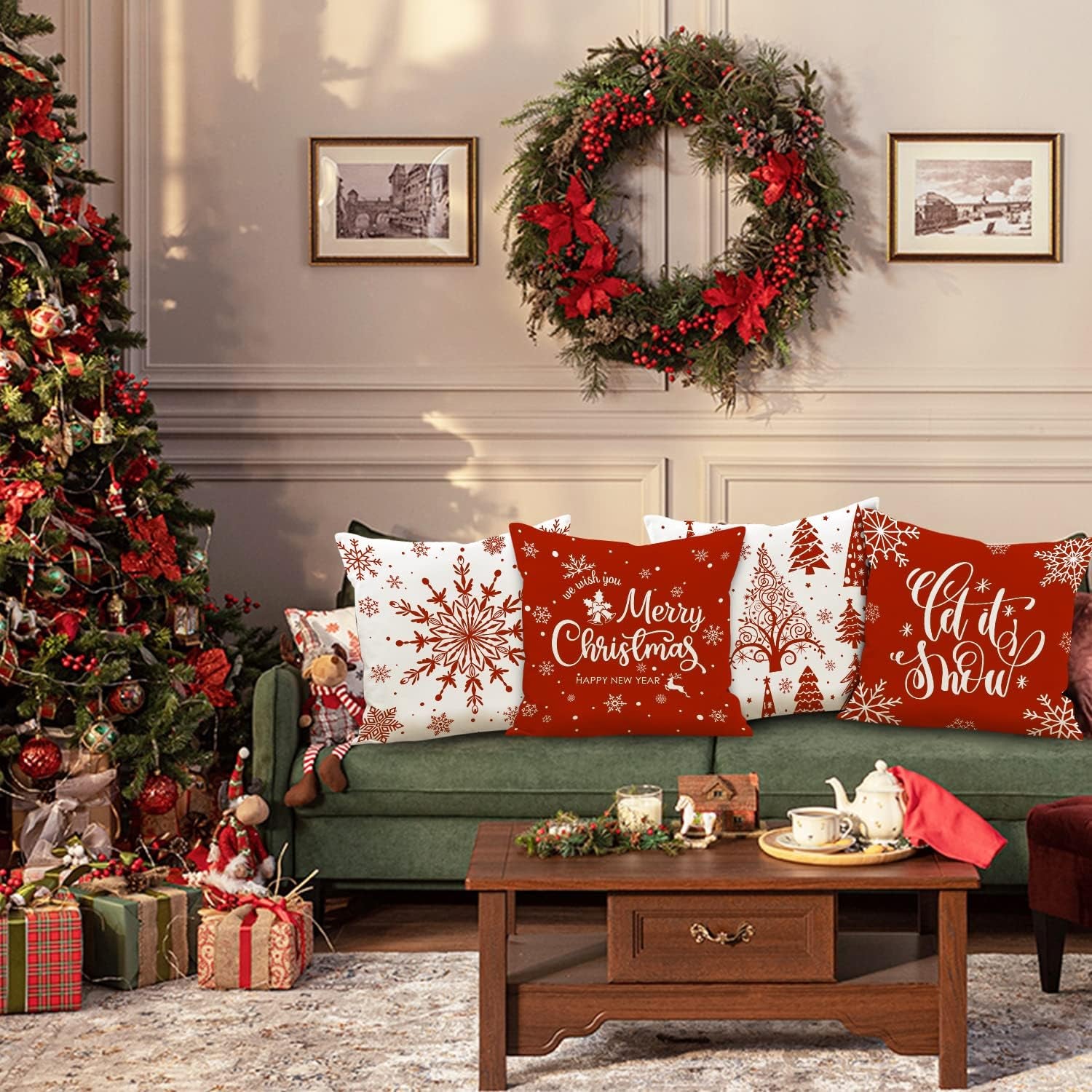 Christmas Throw Pillow Covers 18X18 Set of 4, Merry Christmas Winter Xmas Snowflake Decorative Holiday Cushion Pillow Cases 18 X 18 for Outdoor Indoor Farmhouse Home Room Couch Decor (Red)