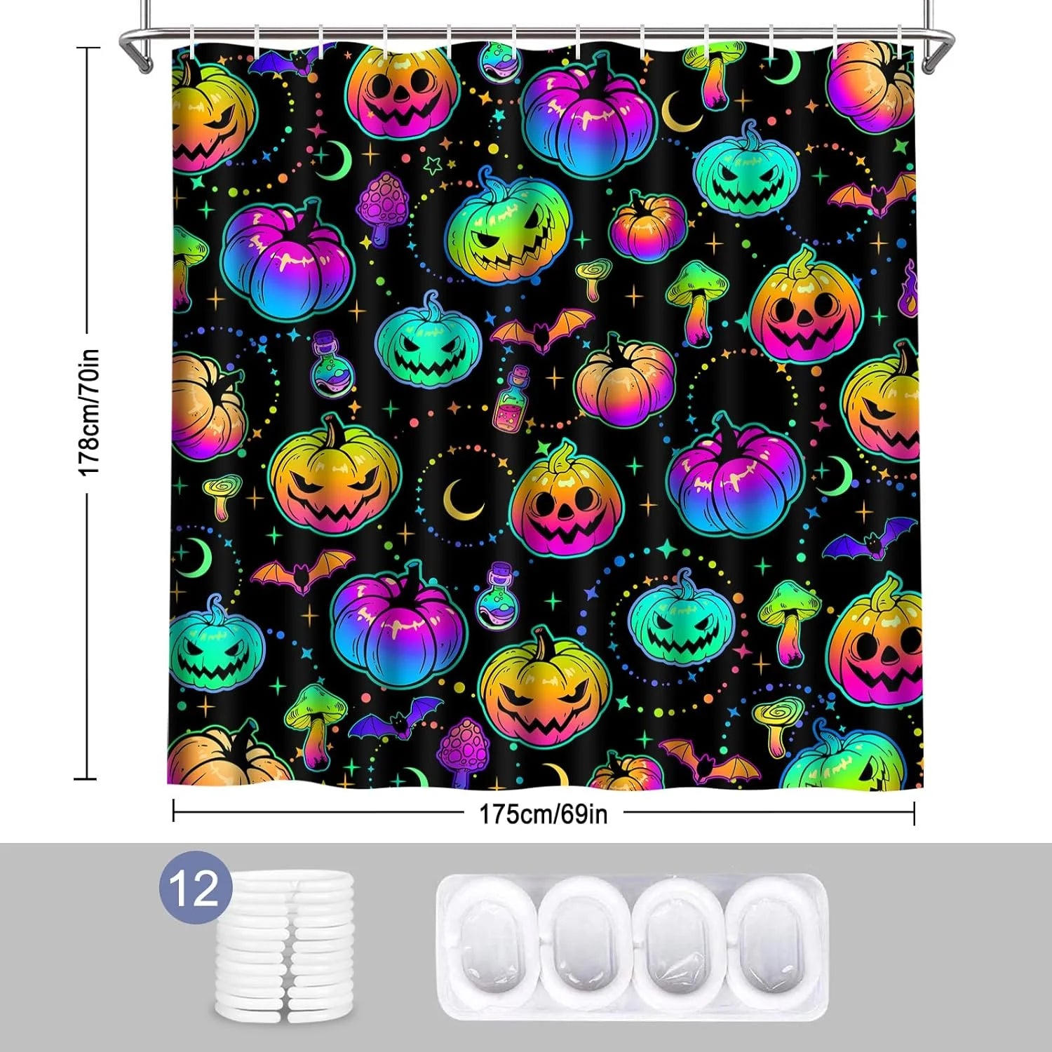 "Spooktacular  Blacklight Halloween Shower Curtain with Hooks - Waterproof Pumpkin Design for Festive Bathroom Decor, 69"X70""