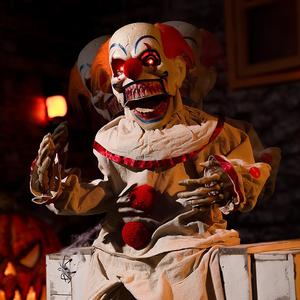 Creepy Animatronic Sitting Clown - Sound Activated Halloween Decoration with Light-Up Eyes, Scary Movements & Haunting Sounds - Perfect for Indoor/Outdoor Haunted House & Spooky Holiday Decor ELAMAS