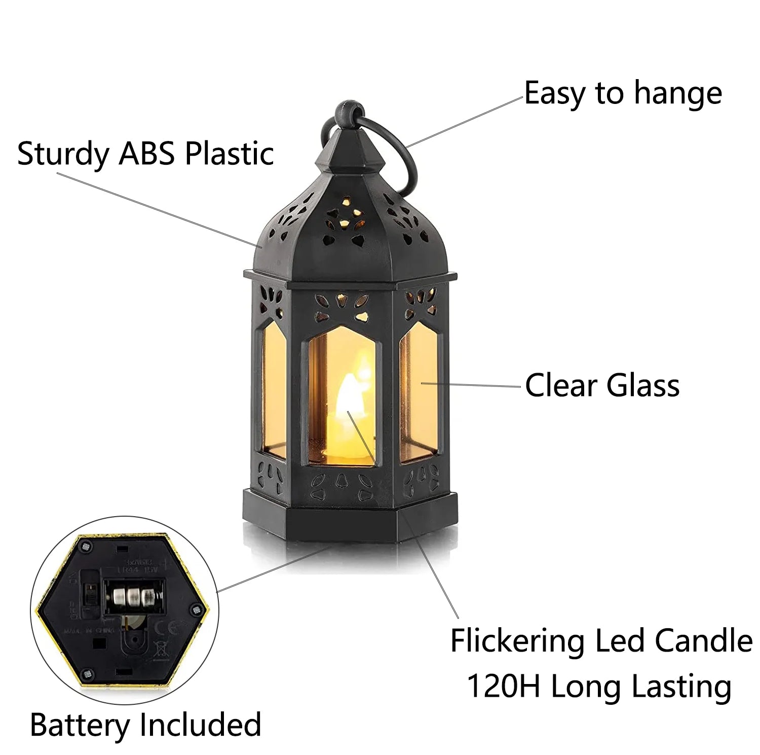 "10-Pack  Mini Black Lanterns with Flickering LED Candles - Perfect for Halloween, Weddings, and Christmas Table Decor - Batteries Included!"