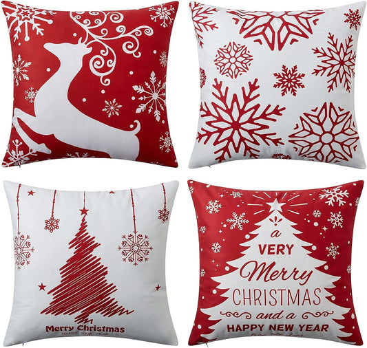 Christmas Pillow Covers 18X18 Inch Set of 4 Decorative Farmhouse Throw Pillow Covers Holiday Rustic Pillow Cases for Sofa Couch Home Decor Christmas Decorations Xmas Cushion Covers