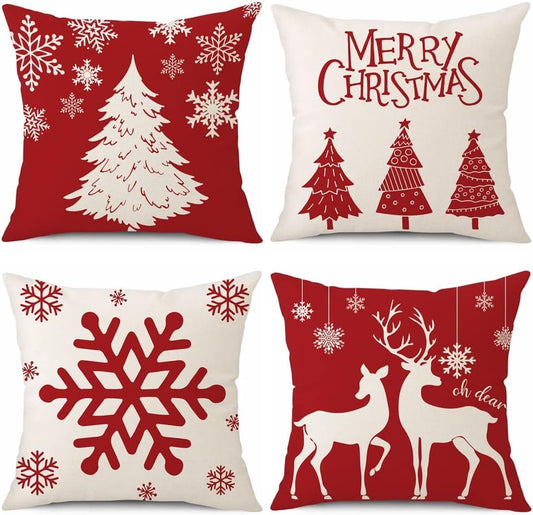 Red Christmas Pillow Covers 18X18 Inch Set of 4 Snowflake Christmas Trees Merry Christmas Elk Deer Decorative Cushion Covers Farmhouse Christmas Decorations for Home & Sofa