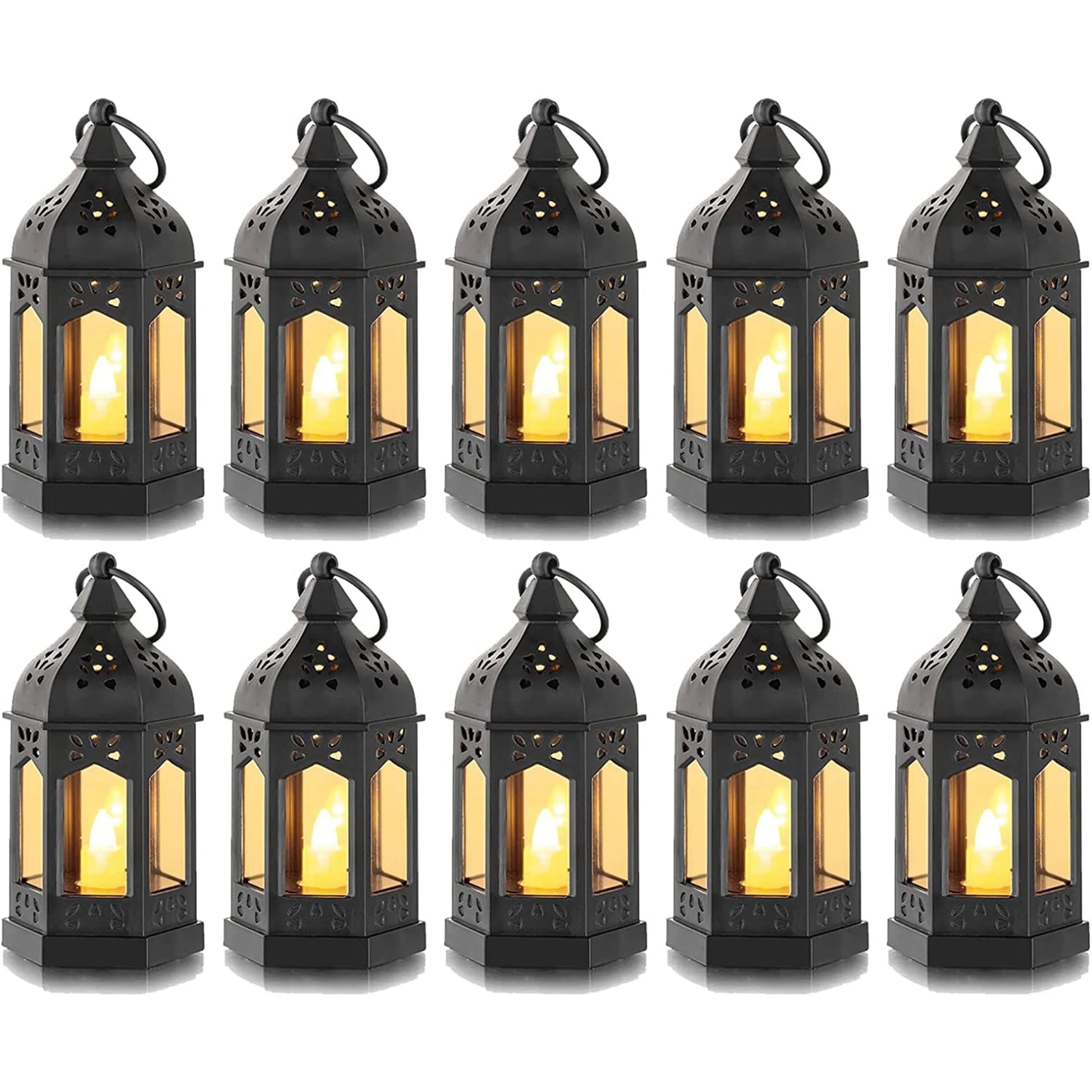 "10-Pack  Mini Black Lanterns with Flickering LED Candles - Perfect for Halloween, Weddings, and Christmas Table Decor - Batteries Included!"