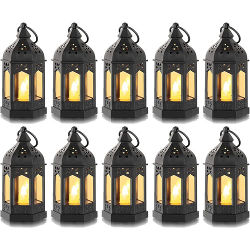 "10-Pack  Mini Black Lanterns with Flickering LED Candles - Perfect for Halloween, Weddings, and Christmas Table Decor - Batteries Included!"