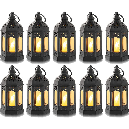 "10-Pack  Mini Black Lanterns with Flickering LED Candles - Perfect for Halloween, Weddings, and Christmas Table Decor - Batteries Included!"