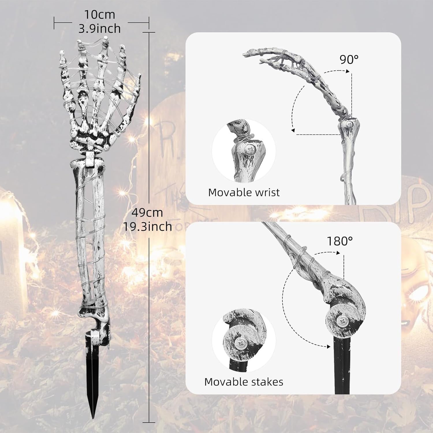 Halloween Decorations Outdoor Skeleton Arm 4 Pack -  Light up Skeleton Hands with 80 Leds, 8 Lighting Modes, and Timer, for Front Yard Porch Gardens Lawns Halloween Party