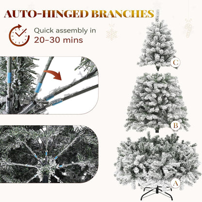 Snow Flocked Artificial Full Christmas Tree, 7.5Ft Christmas Pine Tree with 1346 Branch Tips, and Foldable Base for Home, Party Decoration